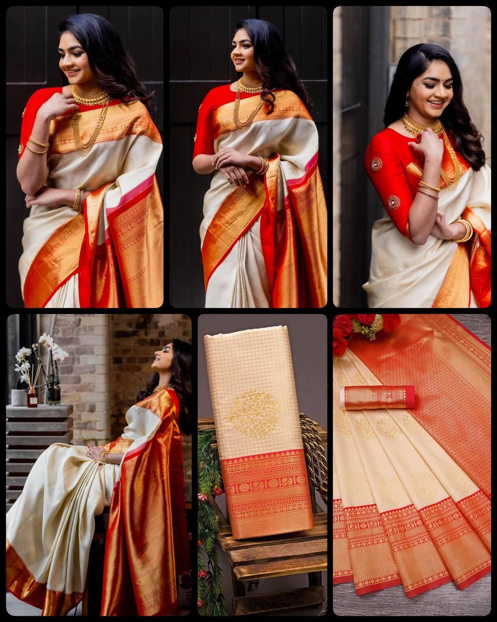 Cream jacquard weaving saree multi-angle collage – Kalyanja KS409