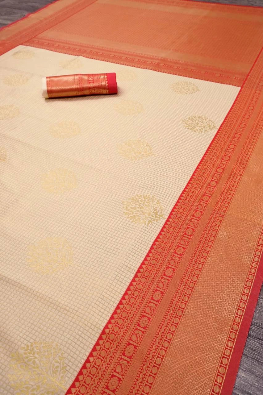 Cream jacquard weaving saree flat lay with gold butta motifs and red border – Kalyanja KS409