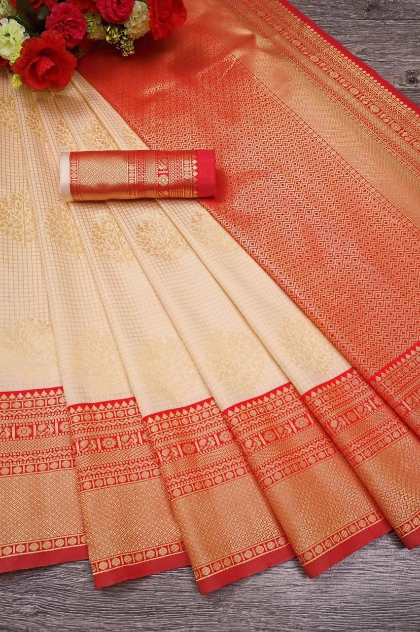 Cream art silk blend saree folded flat lay with red zari border and blouse piece – Kalyanja KS409