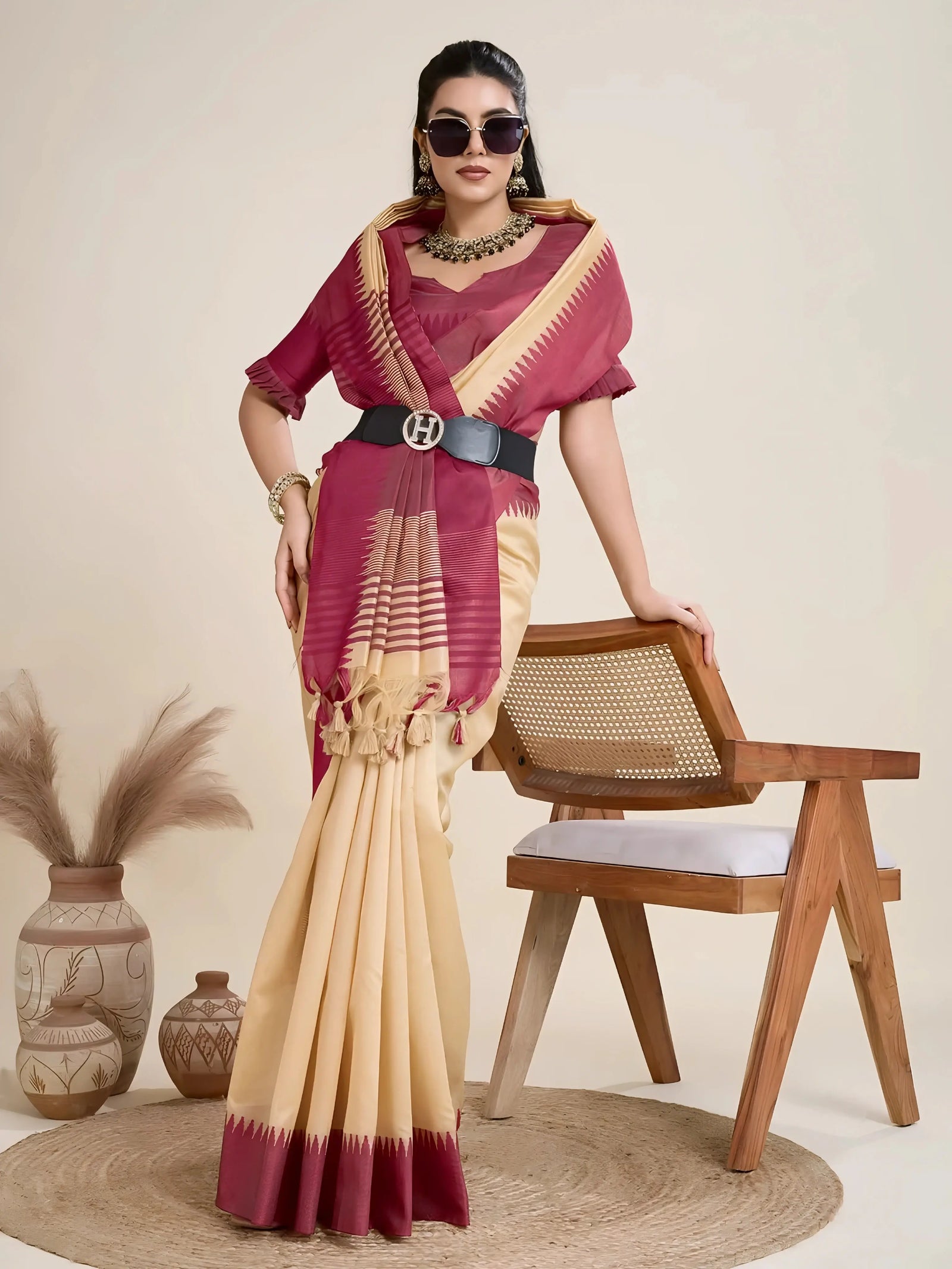 A woman models a graceful Beige Soft Tussar Silk Saree featuring a large, artistic, all-over Kalamkari print of blue and green floral motifs. She wears a rust-colored blouse and a chunky multi-colored beaded necklace, posing in a garden.