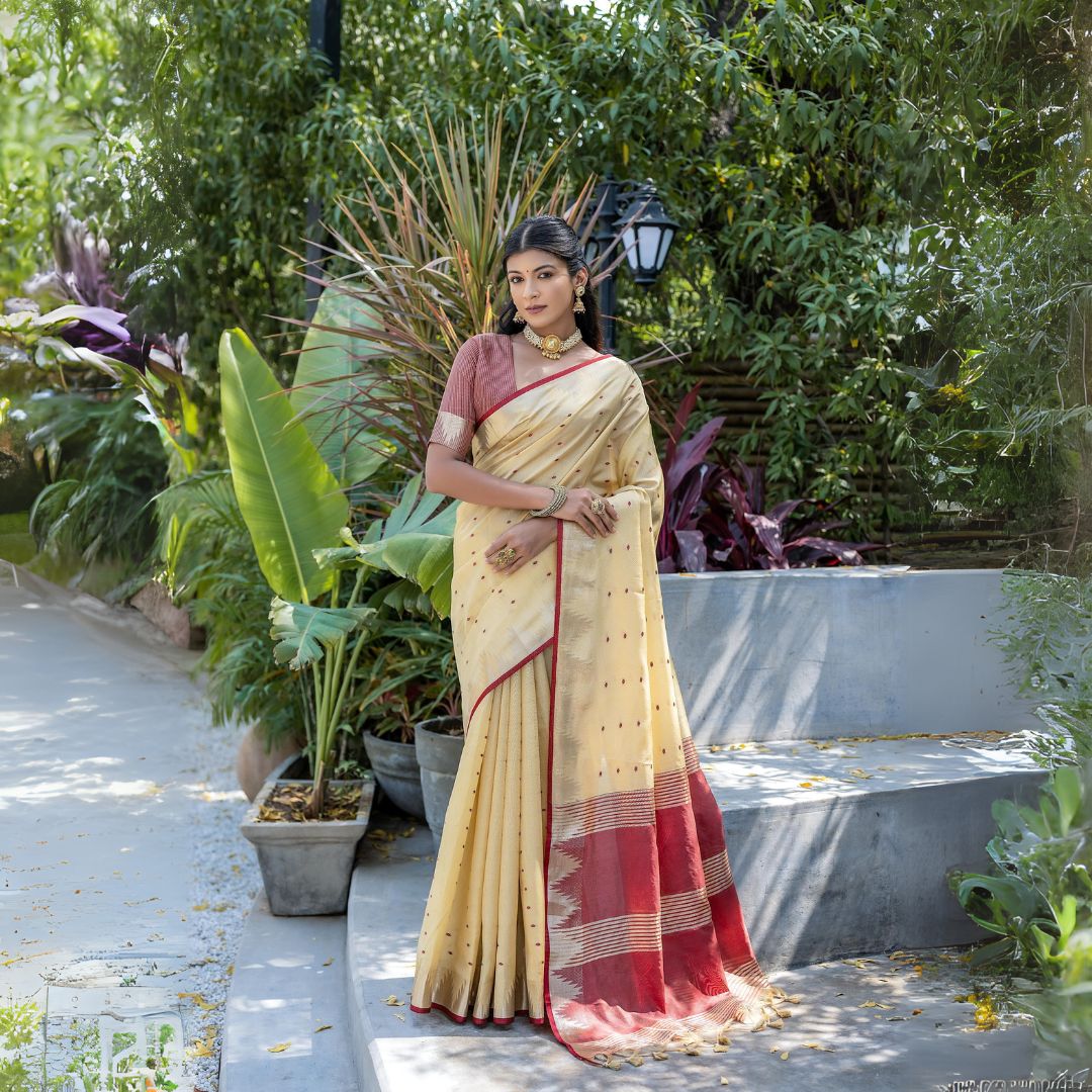 A woman models an elegant Beige Tussar Silk Saree with scattered red woven motifs. The saree has a gold border and a pallu featuring wide bands of deep red and gold Zari weaving. She wears a red blouse and heavy gold Kundan jewelry, posing outdoors.