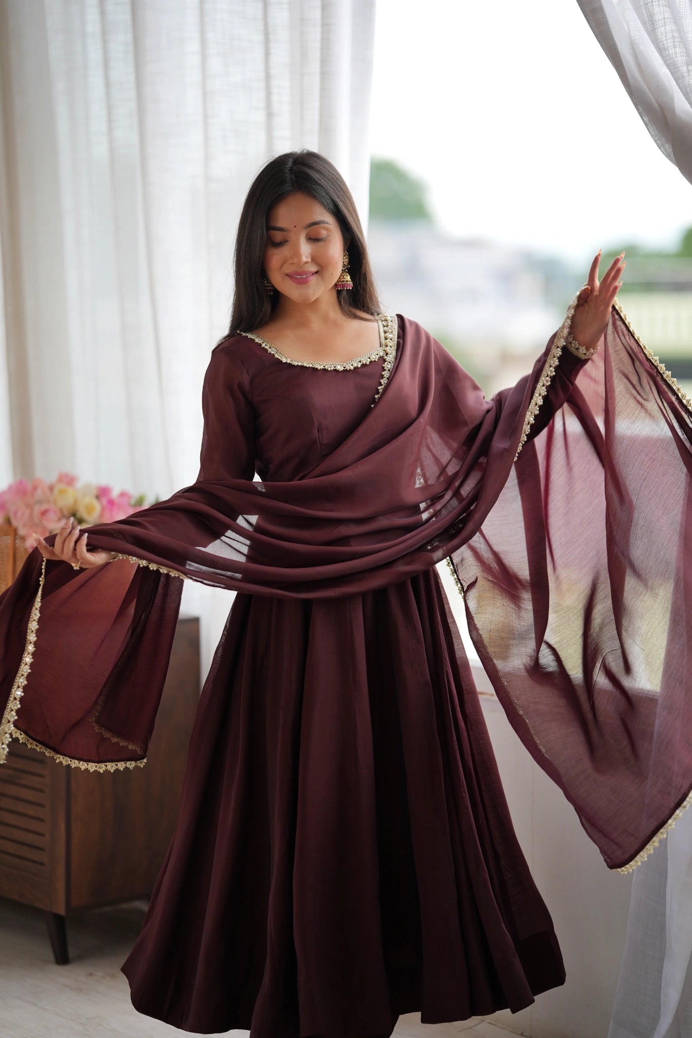 Dark Brown Handwork Suit draped dupatta close portrait