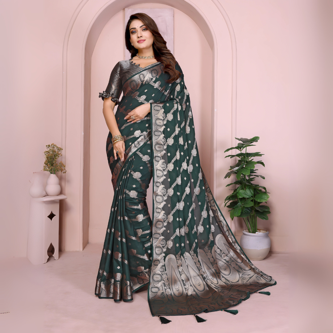 Dark Green Zari Weaving Soft Georgette Banarasi Silk Saree
