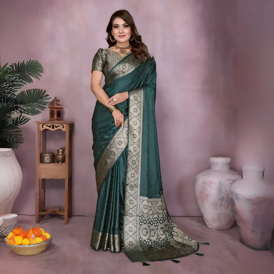 Dark Green Soft Satin Silk Zari Weaving Saree