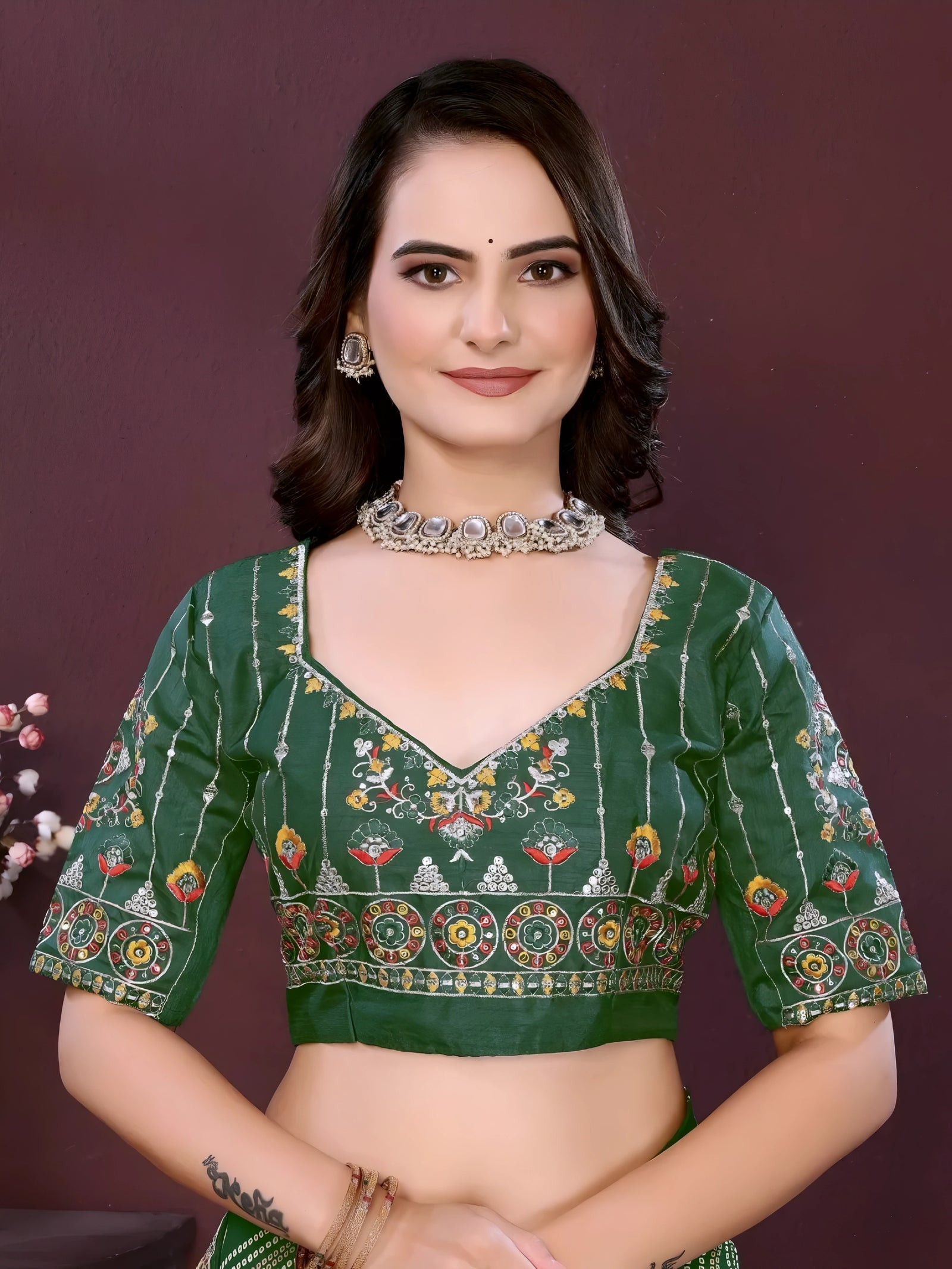 Dark Green Digital Print with Embroidery Work Georgette Saree
