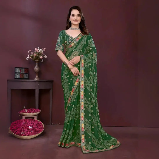 Dark Green Digital Print with Embroidery Work Georgette Saree