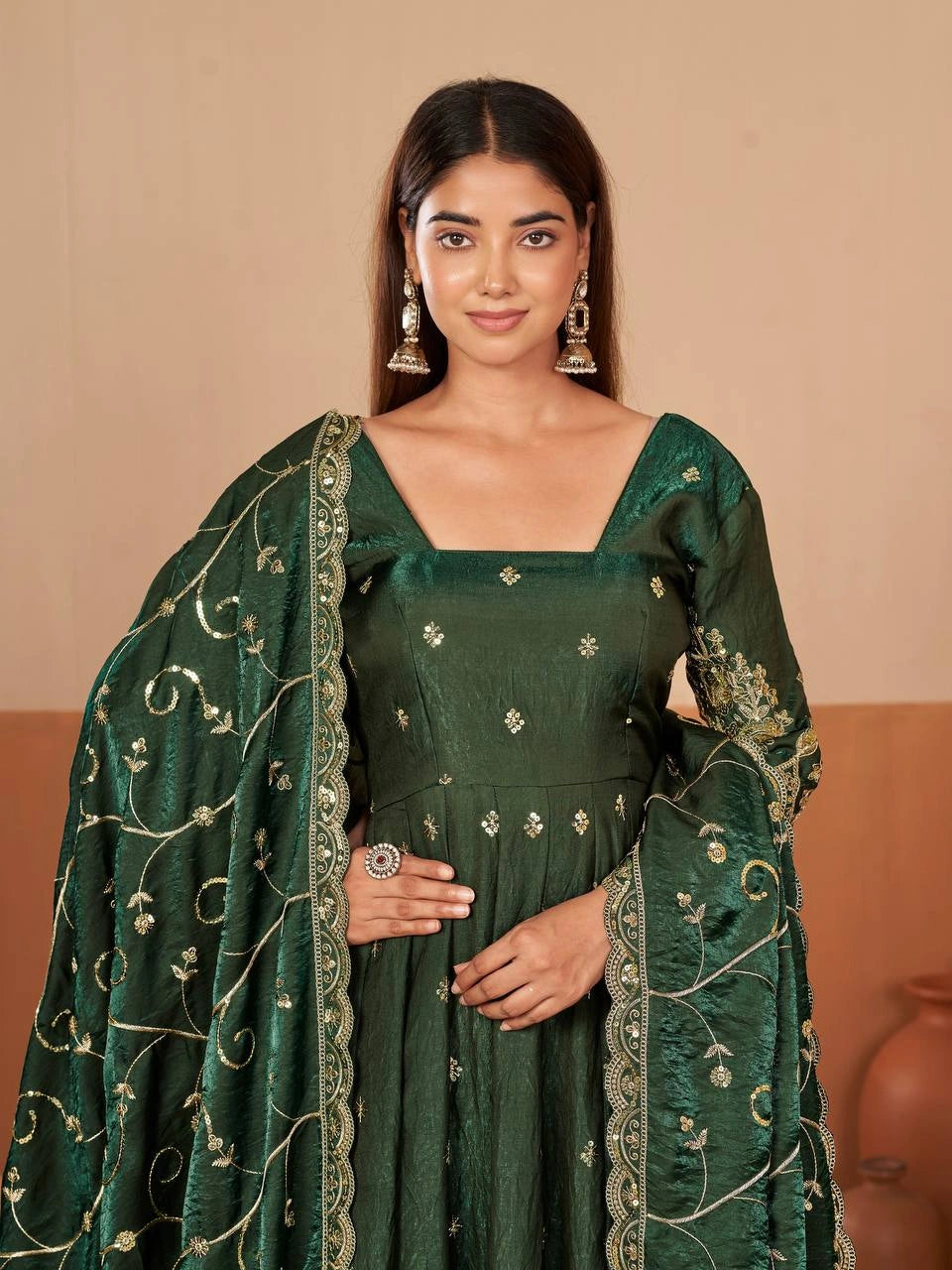 Dark Green Anarkali Silk Blend Suit model three quarter view with dupatta KU267
