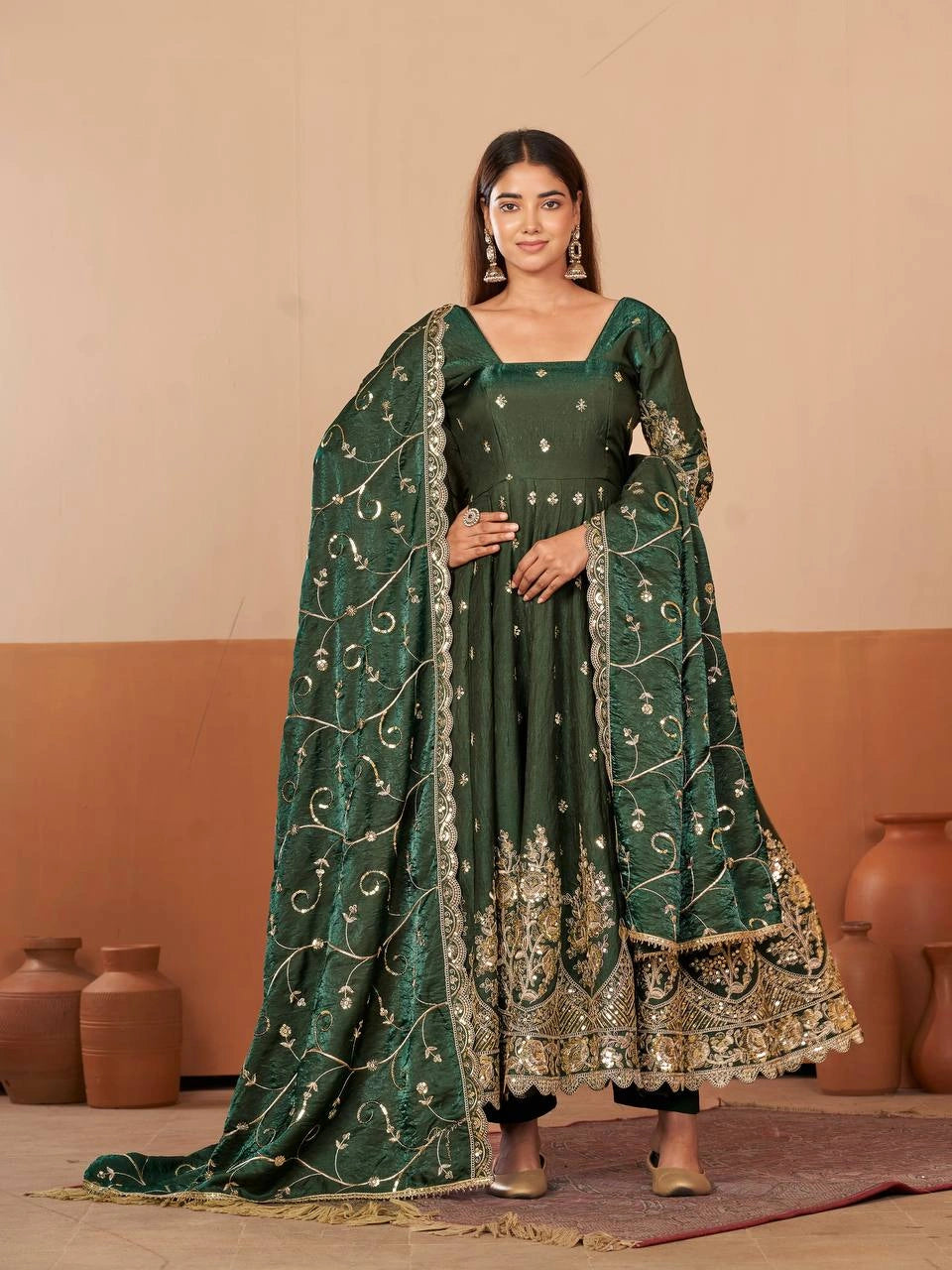 Dark Green Anarkali Suit back view open dori tie-up neckline KU267