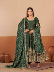 Dark Green Anarkali Suit back view open dori tie-up neckline KU267