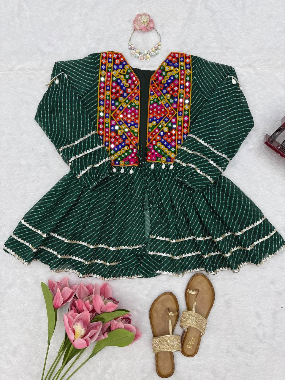 Dark Green Embroidered Kediya Jeans Flat Lay Detail Kalyanja KC19