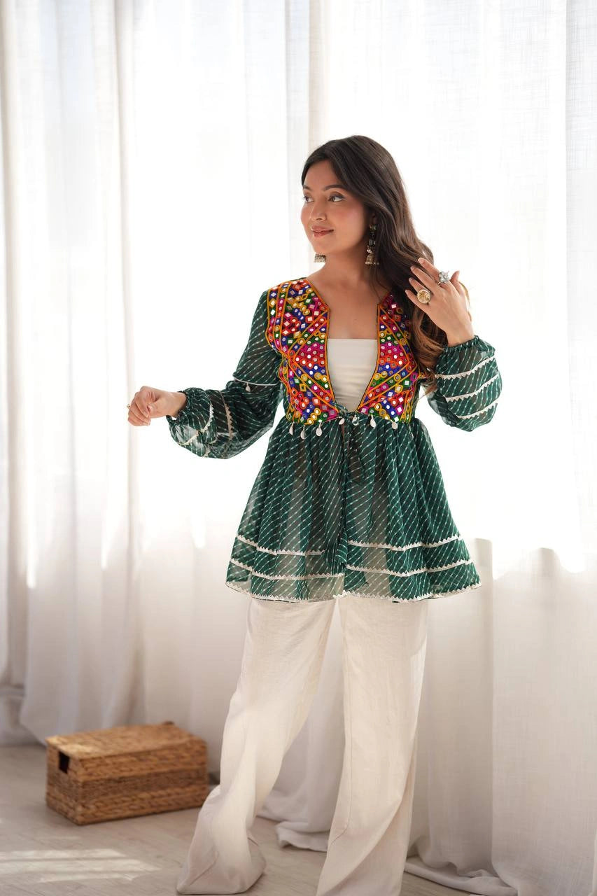 Dark Green Embroidered Coord Set Faux Georgette Kediya Leheriya Mirror Work Kalyanja KC19