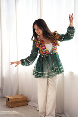 Dark Green Faux Georgette Kediya V-Neck Balloon Sleeve Kalyanja KC19