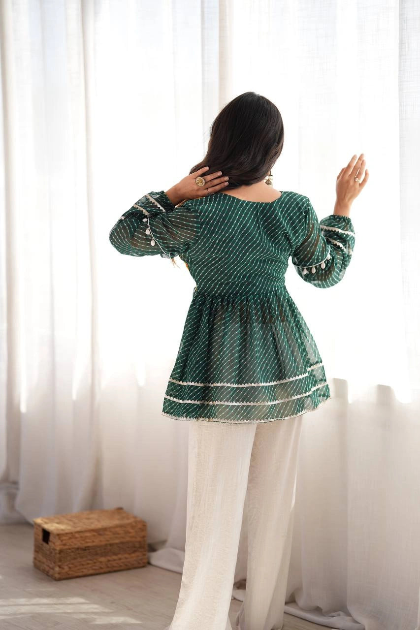 Dark Green Leheriya Embroidered Coord Set Model Kalyanja KC19