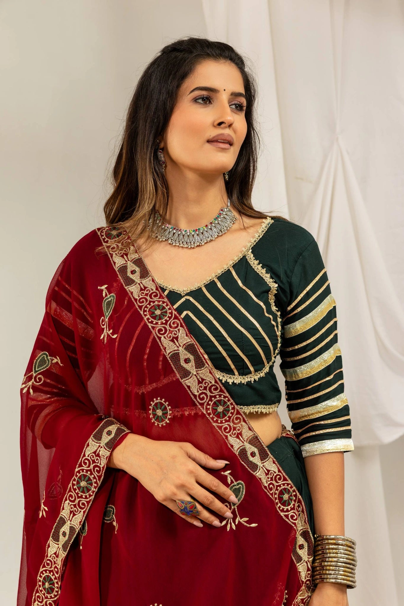 Dark Green Gota Work Lehenga Another Front View – KL202 – Kalyanja