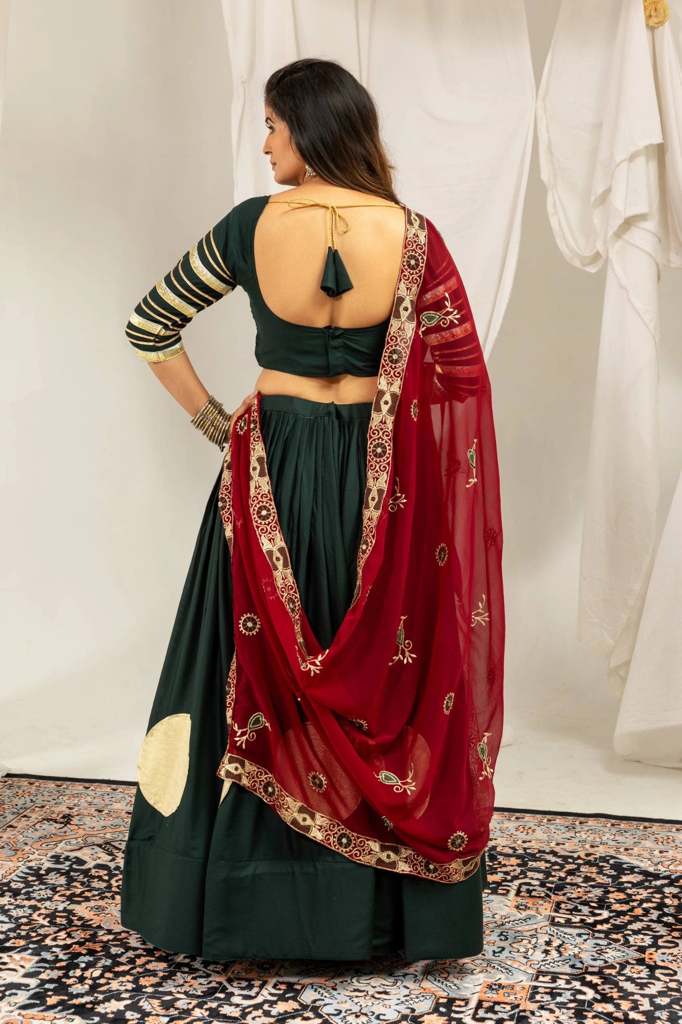Dark Green Gota Work Lehenga Back View Dori Tie – KL202 – Kalyanja