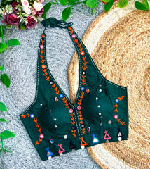 Dark Green Multi Thread with Mirror Work Blouse – Kalyanja KB44