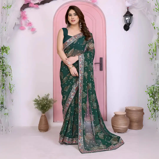 Dark Green Rajwadi Bandhej Print with Heavy Embroidery Work Georgette Saree