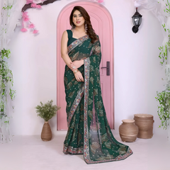 Dark Green Rajwadi Bandhej Print with Heavy Embroidery Work Georgette Saree