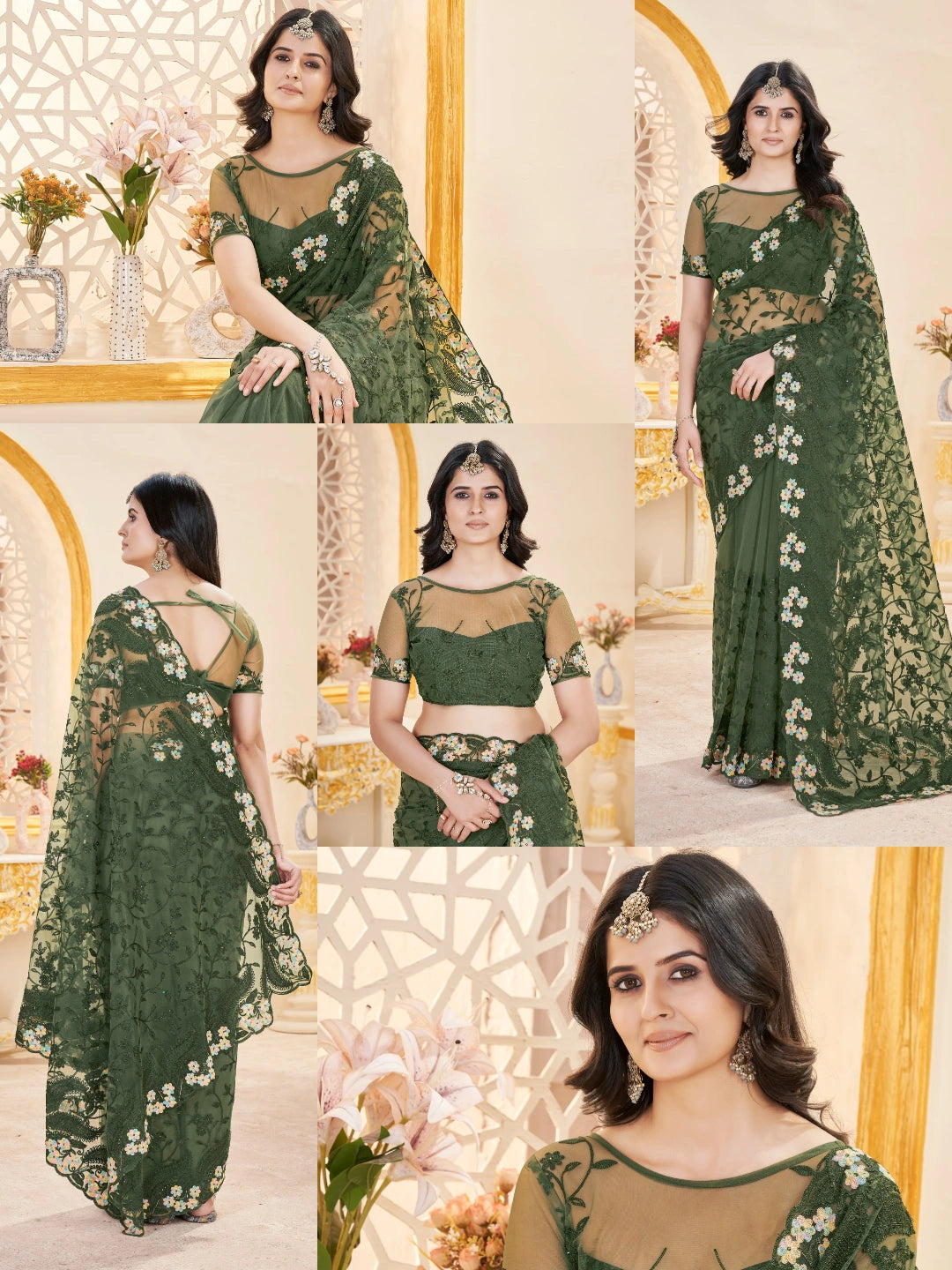 Dark Green Thread Embroidered Saree Collage | Butterfly Net | KS388 | Kalyanja