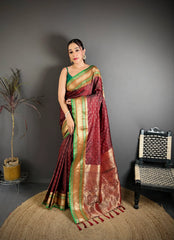 Dark Maroon Zari Weaving Saree full front drape – KS373