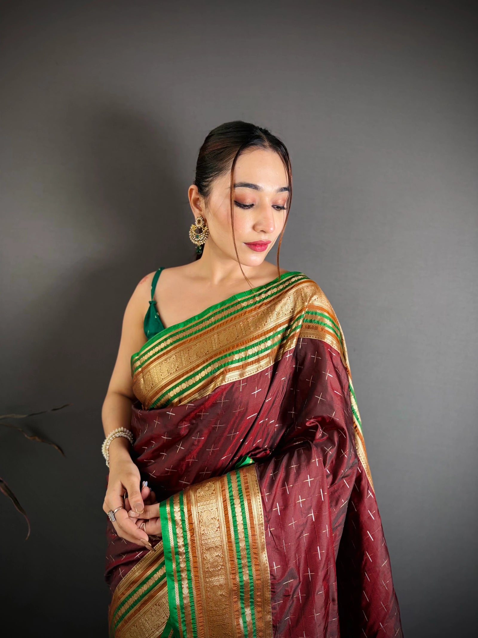Dark Maroon Silk Blend Saree portrait close-up – KS373