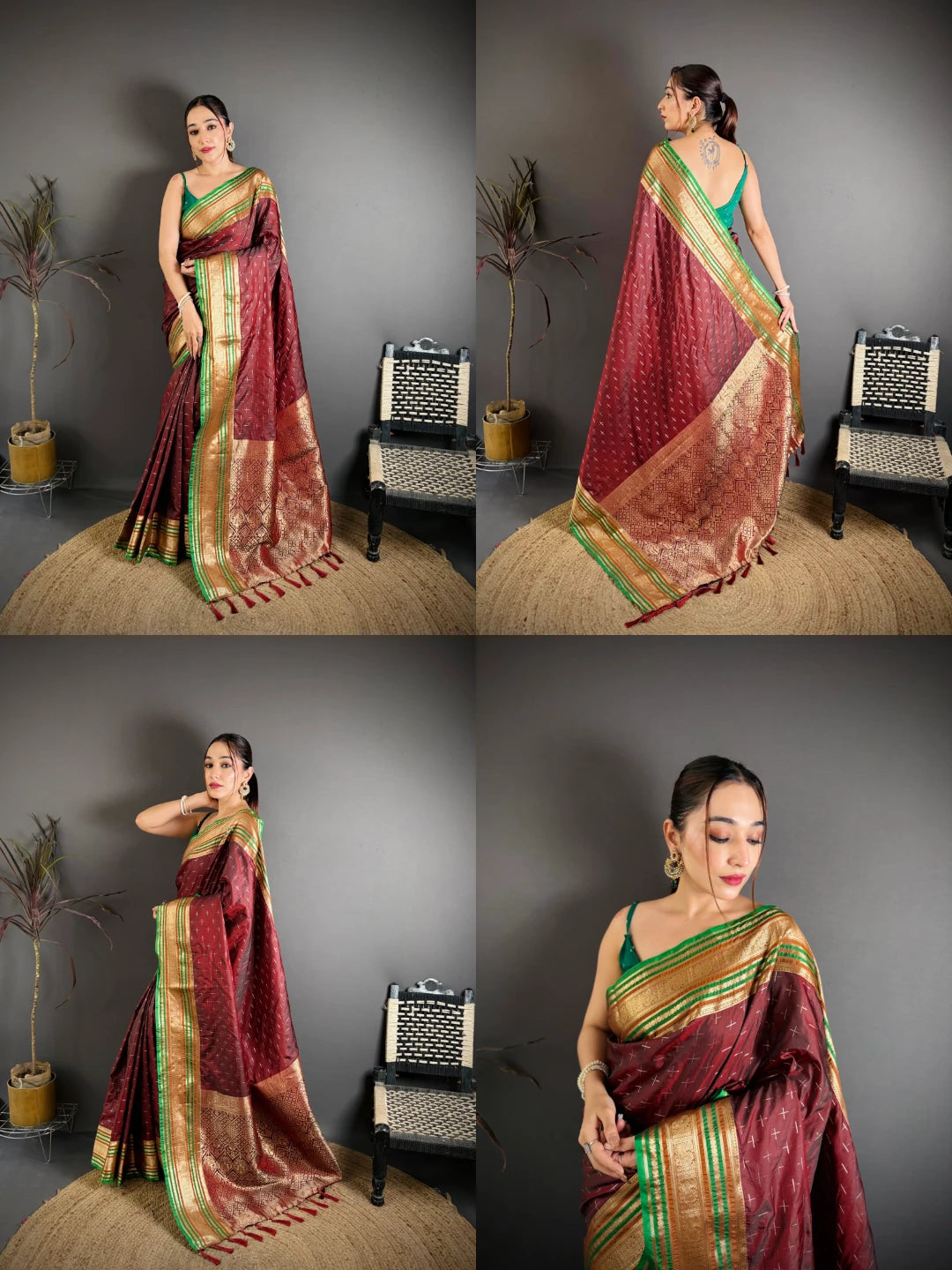 Dark Maroon Zari Weaving Saree collage – KS373 Kalyanja