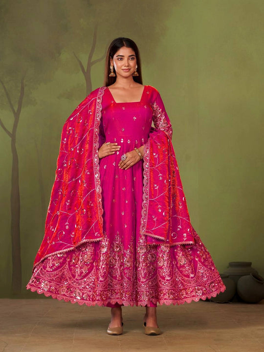 Dark Pink Embroidered Codding Suit Anarkali model front view full length KU267
