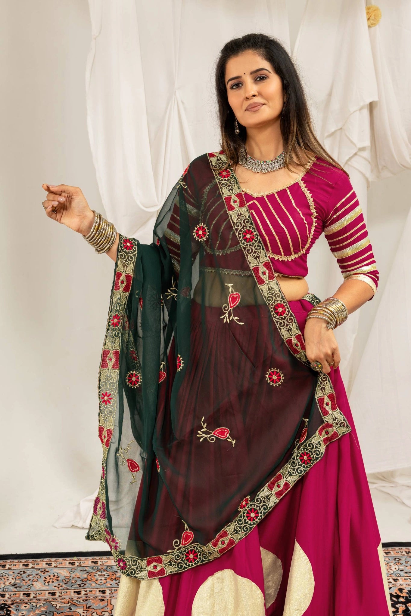 Dark Pink Rayon Blend Gota Disc Lehenga Dance Pose – KL202 – Kalyanja