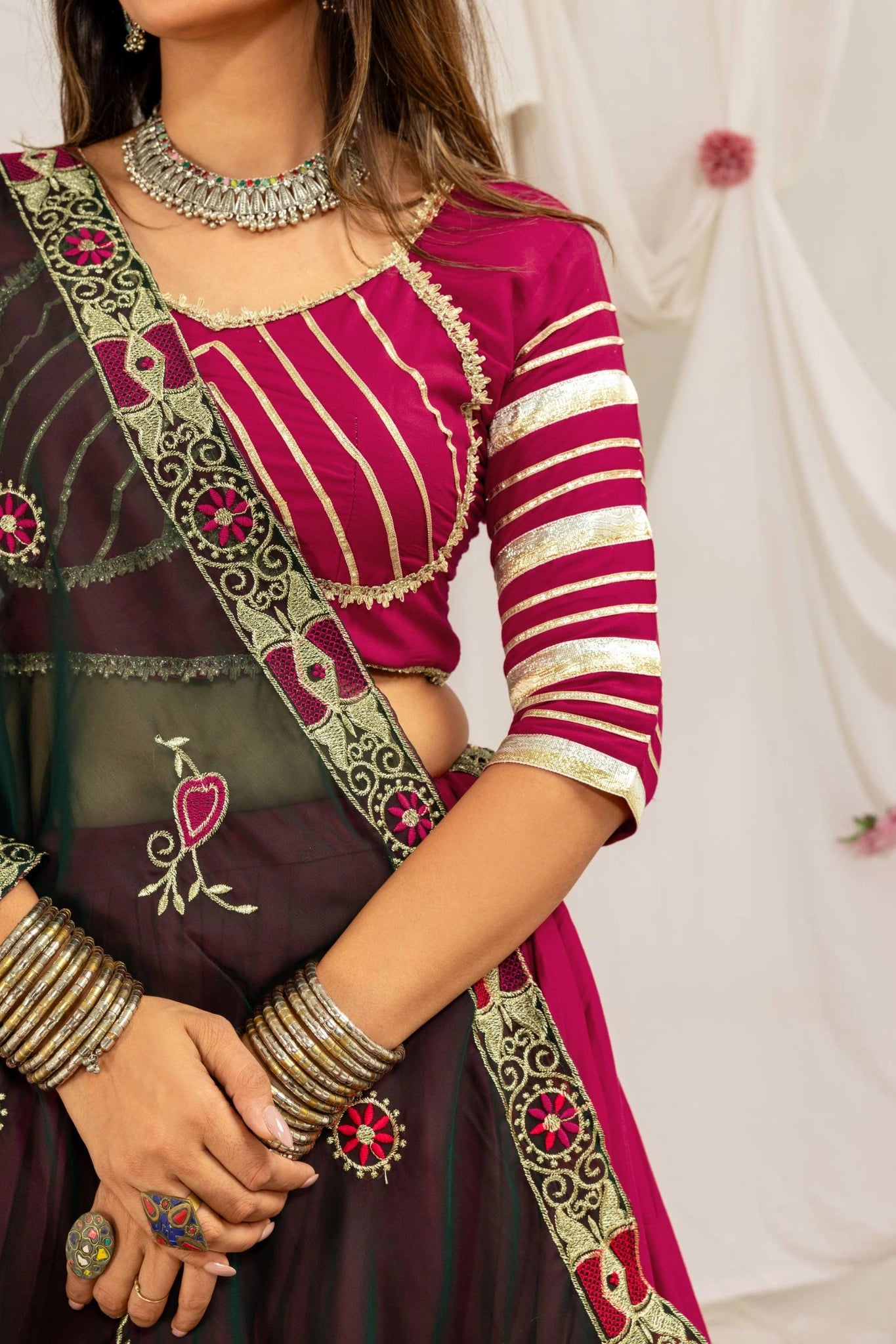 Dark Pink Gota Work Choli Stripe Detail Close Up – KL202 – Kalyanja