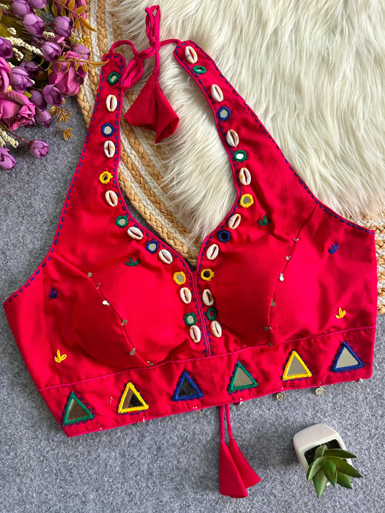 Dark Pink Handwork Mirror Work Blouse front view – V-neck cowrie shells mirrors KB43 Kalyanja