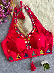 Dark Pink Handwork Mirror Work Blouse front view – V-neck cowrie shells mirrors KB43 Kalyanja