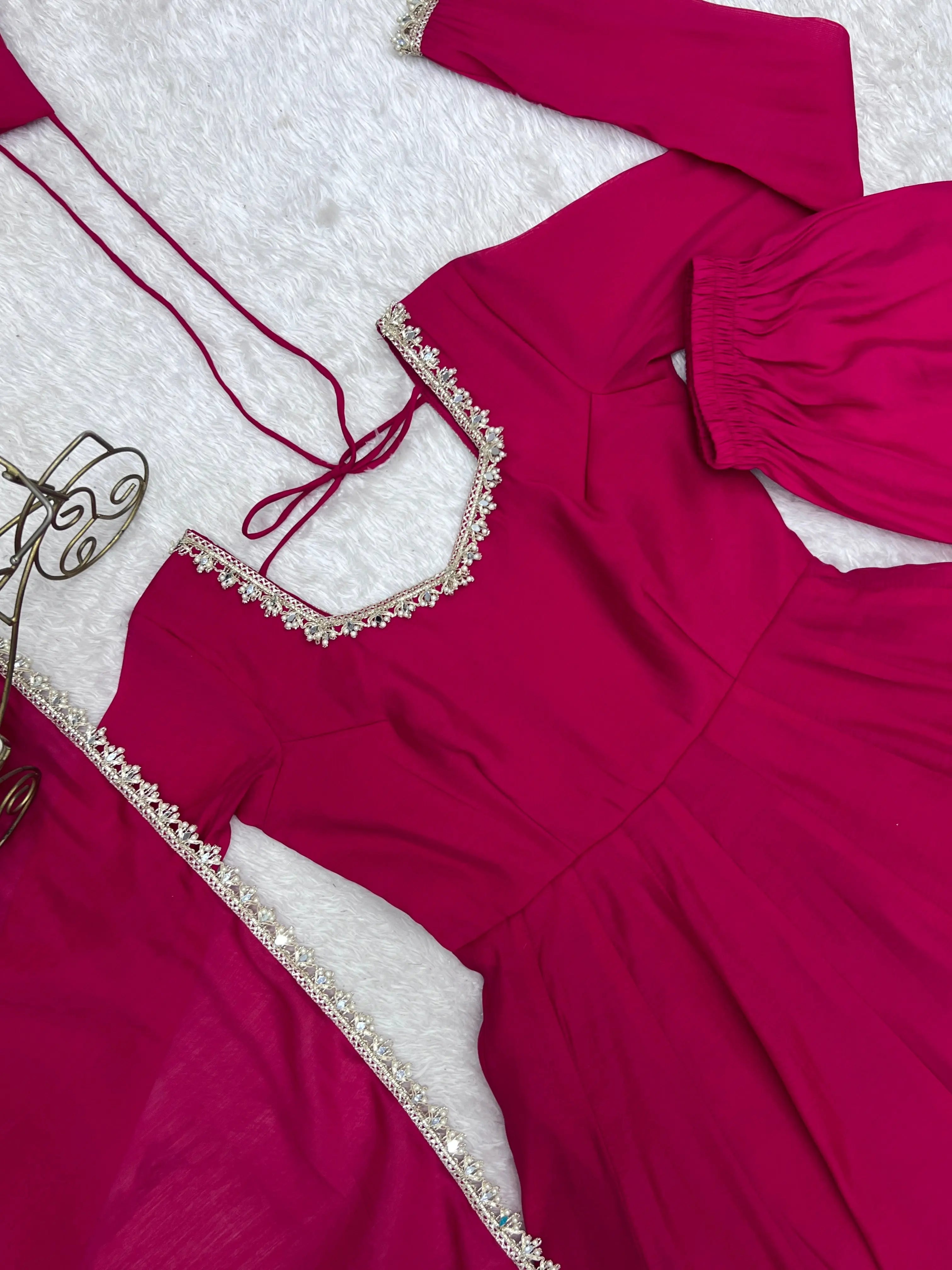Dark Pink Mul Chanderi Suit flatlay dupatta lace border detail KU269