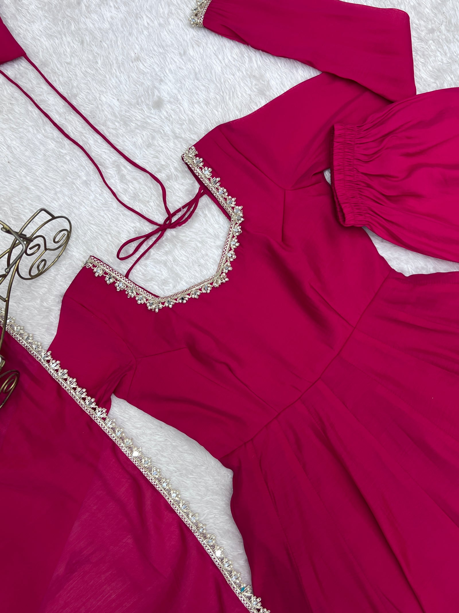 Dark Pink Mul Chanderi Suit flatlay dupatta lace border detail KU269
