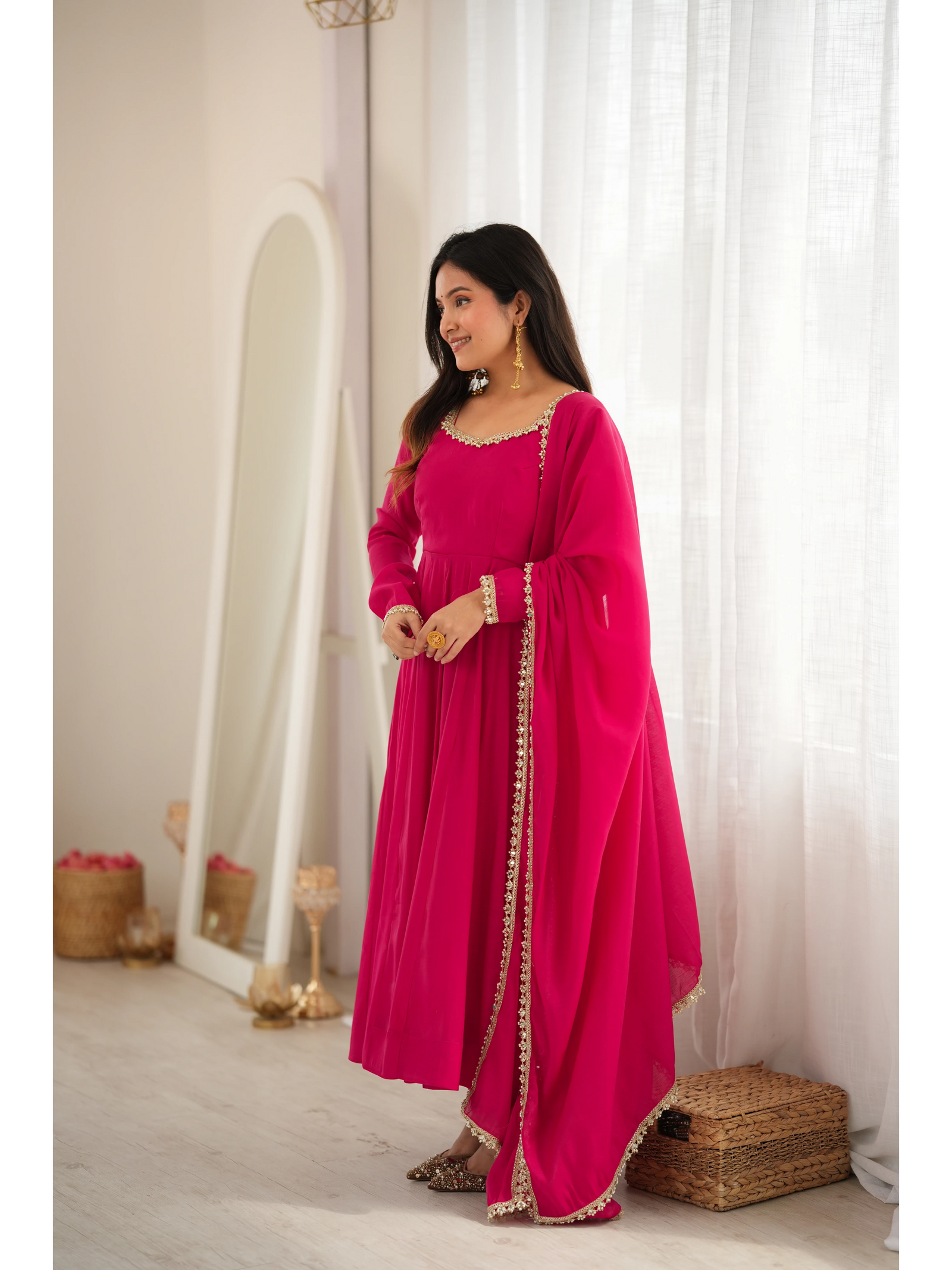 Dark Pink Suit model three quarter view with dupatta festive KU269