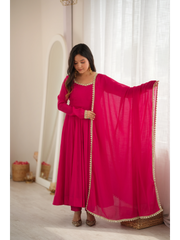 Dark Pink Anarkali Suit model full length sitting pose KU269
