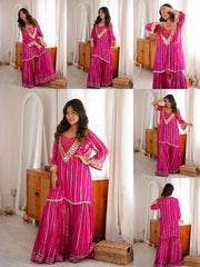 Dark Pink Silk Blend Mirror Work Suit complete flatlay overhead KU266