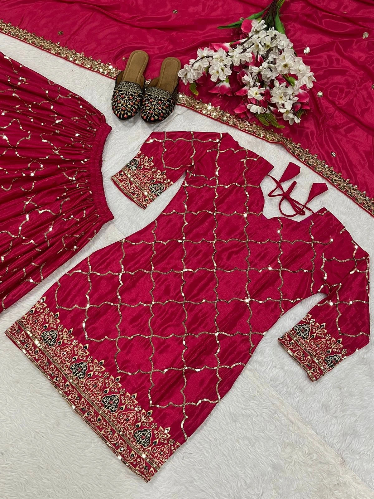 Dark Pink Sequins Embroidered Suit flat lay palazzo dupatta set KU263 Kalyanja