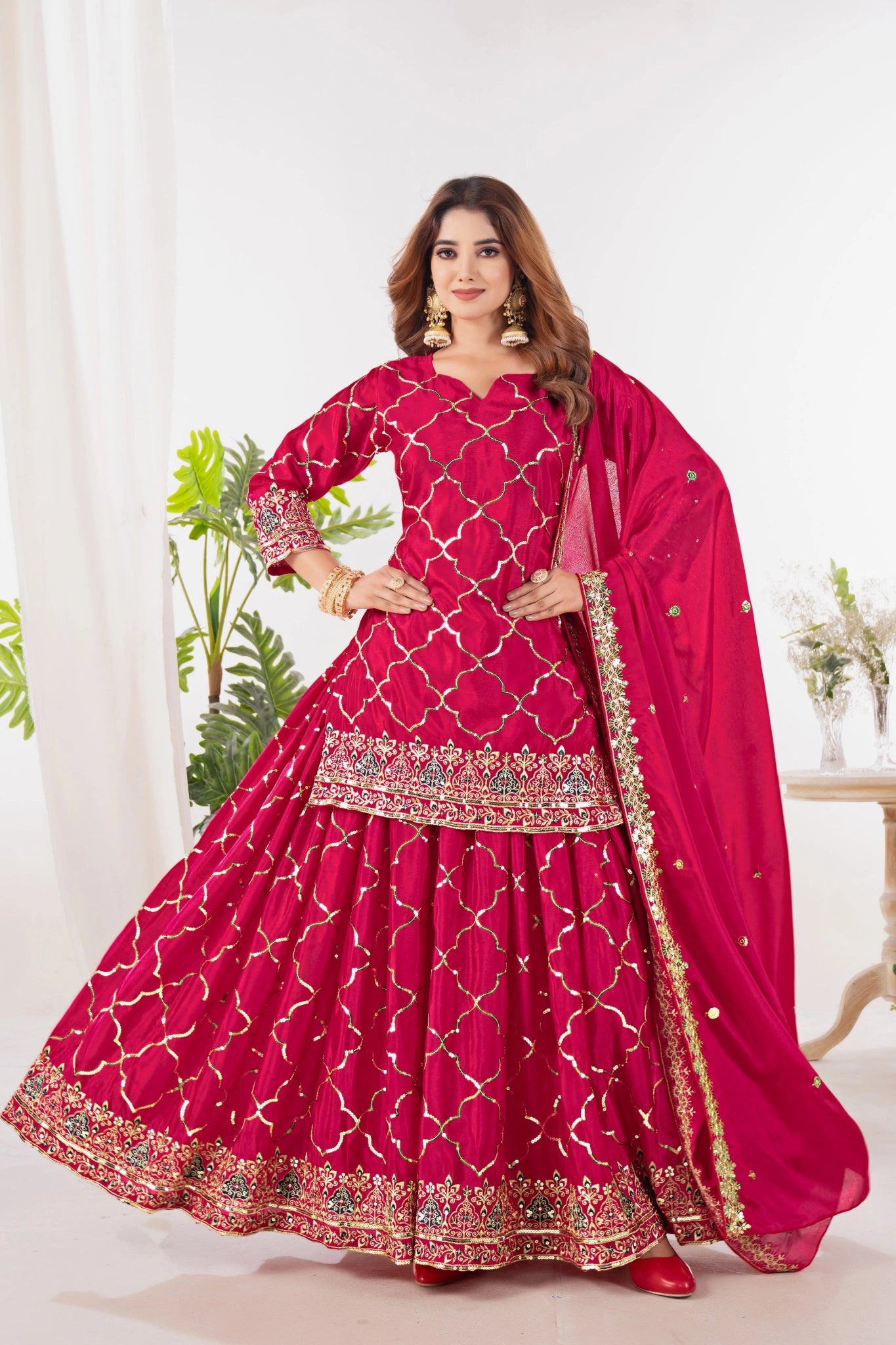 Dark Pink Sequins Embroidered Suit Pakistani palazzo full length front KU263 Kalyanja