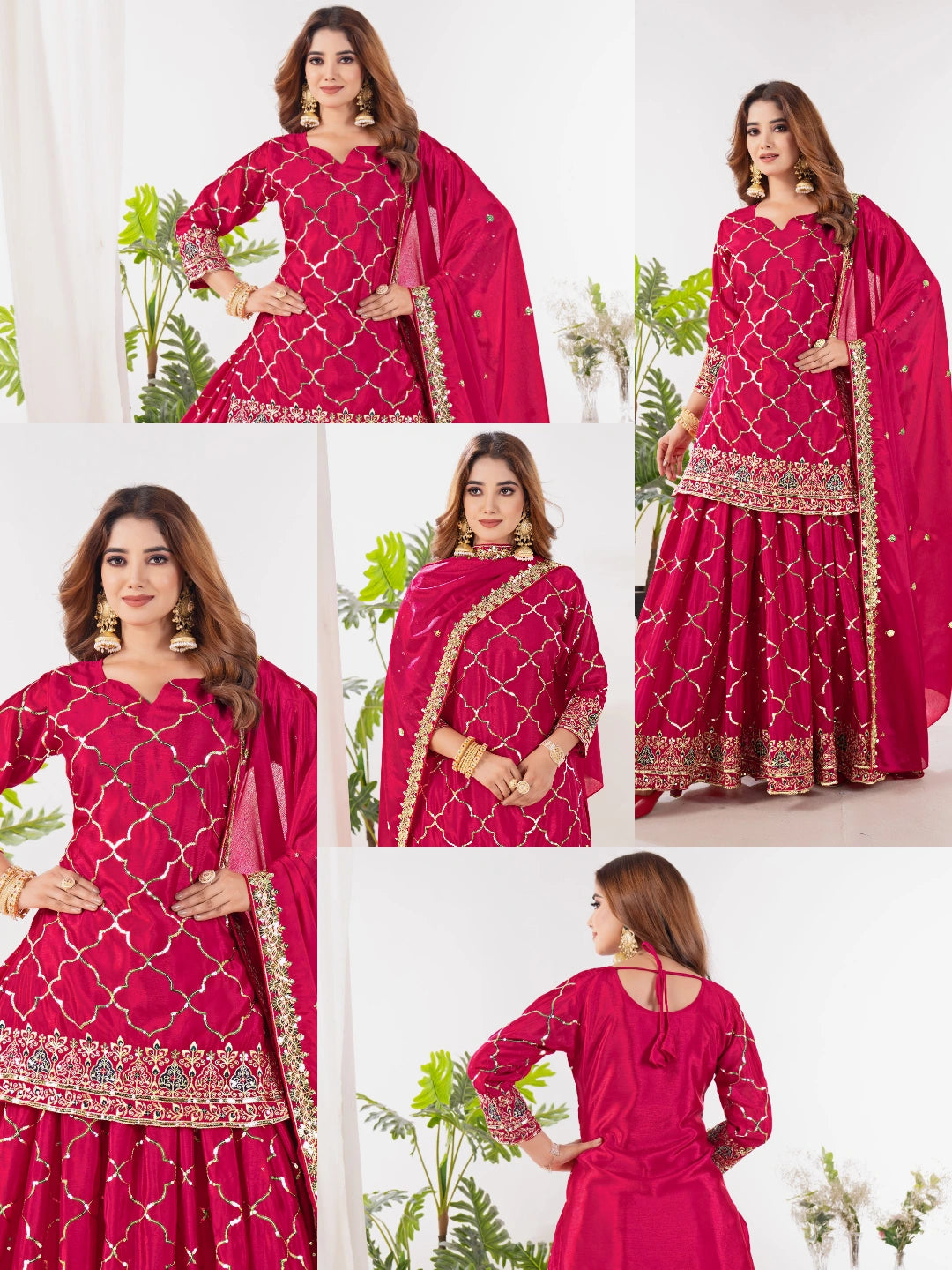 Dark Pink Sequins Embroidered Suit Pakistani palazzo collage views KU263 Kalyanja
