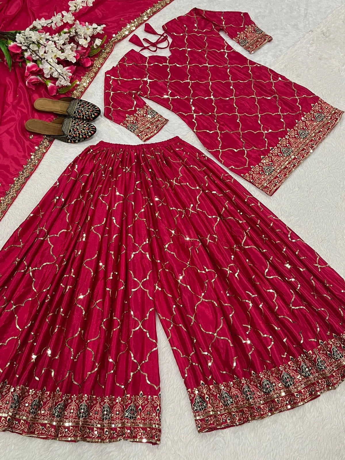 Dark Pink Sequins Embroidered Suit Chinon Silk Blend KU263 Kalyanja