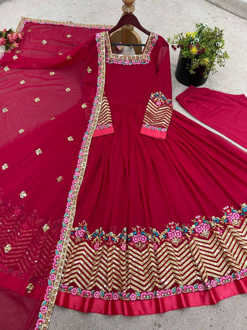 Dark Pink Anarkali Suit flat lay all three pieces display KU264