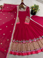Dark Pink Anarkali Suit flat lay all three pieces display KU264