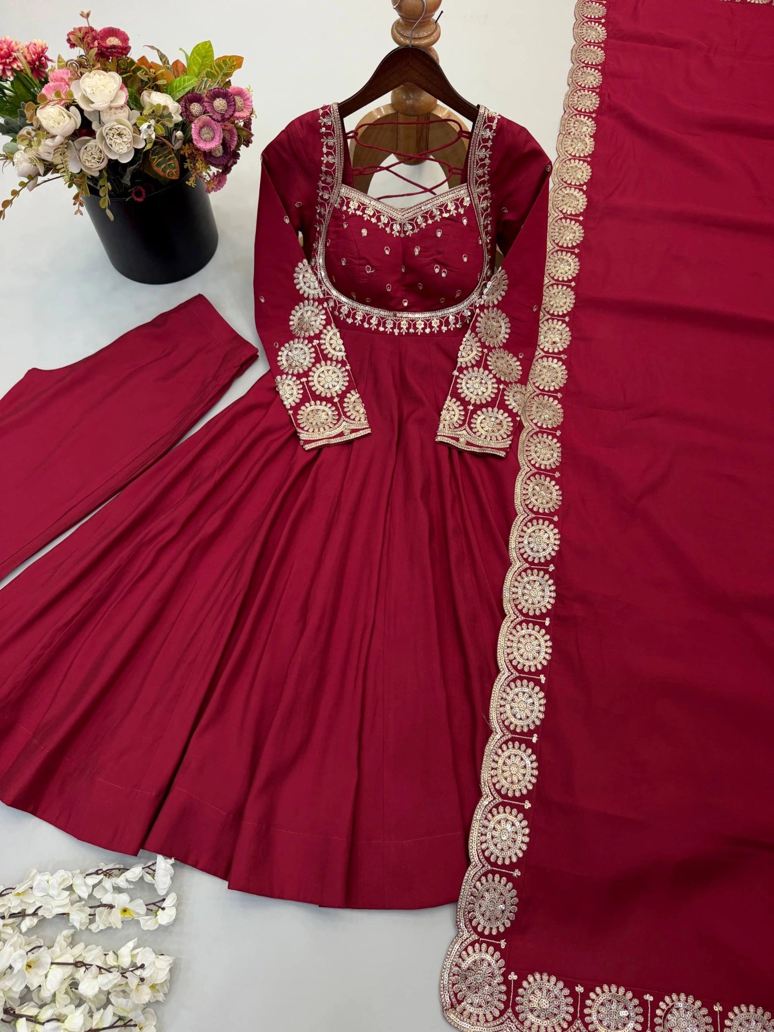 Dark Pink Anarkali Suit Roman Silk Blend KU274 Kalyanja