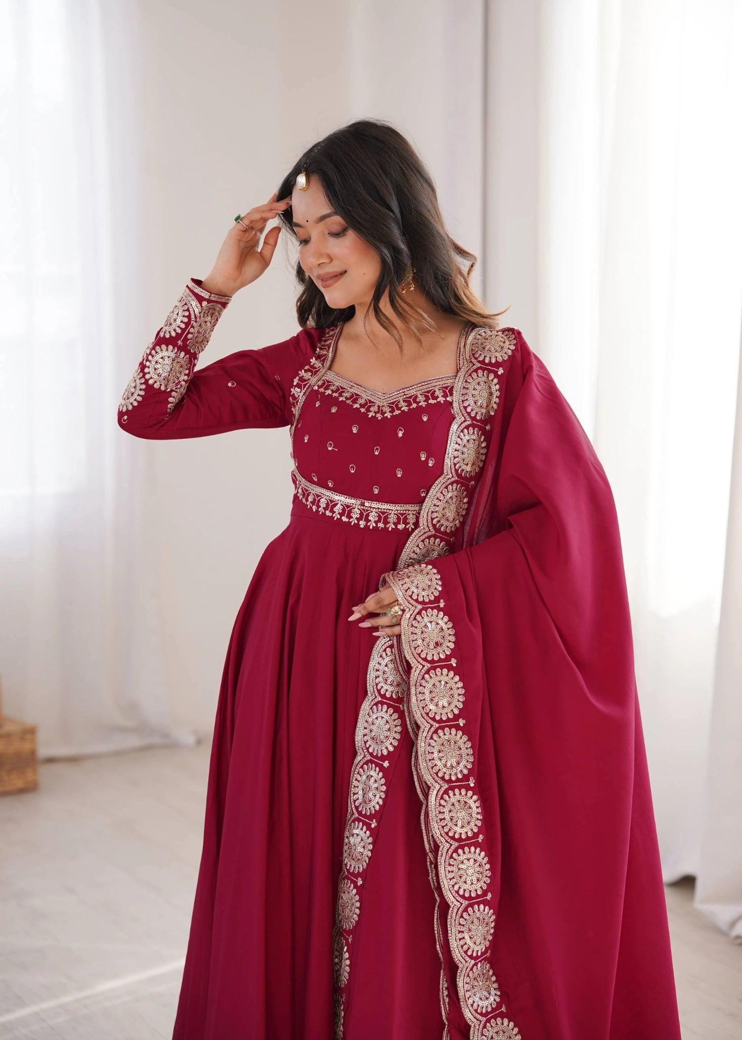 Dark Pink Sequins Suit U Neck Embroidery KU274 Kalyanja