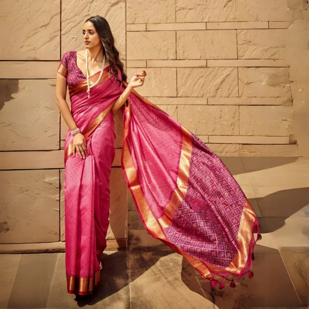 Dark Pink Zari Work Soft Khadi Silk Saree for Women