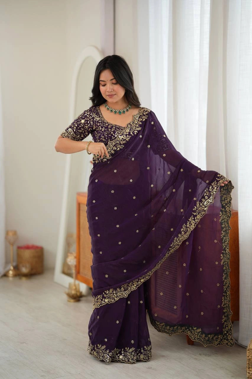 Dark Purple saree with thread work border and embroidered pallu