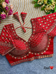 Dark red soft silk blouse featuring intricate sequence and codding thread work design.