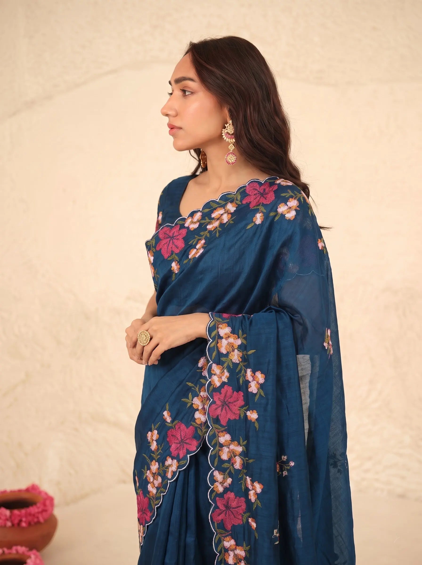 Dark Turquoise Floral Embroidered Silk Saree - Drape View - Kalyanja KS163