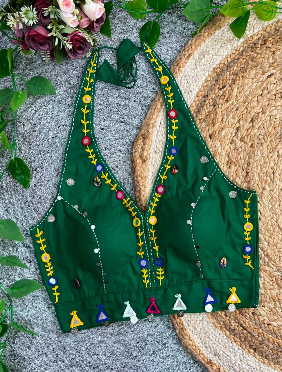 Deep Green Multi Thread with Mirror Work Blouse – Kalyanja KB44