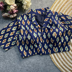 Deep Navy Blue Ajrakh Print Cotton Blouse Handcrafted Design